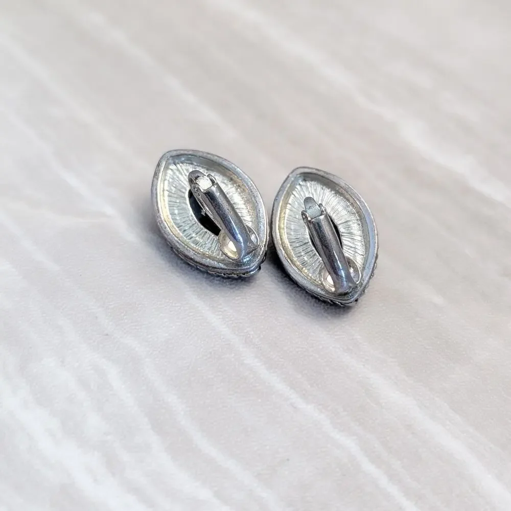 Vintage Clip On Earrings Stylish Pointed Oval Silver Tone with Faceted Black Gem